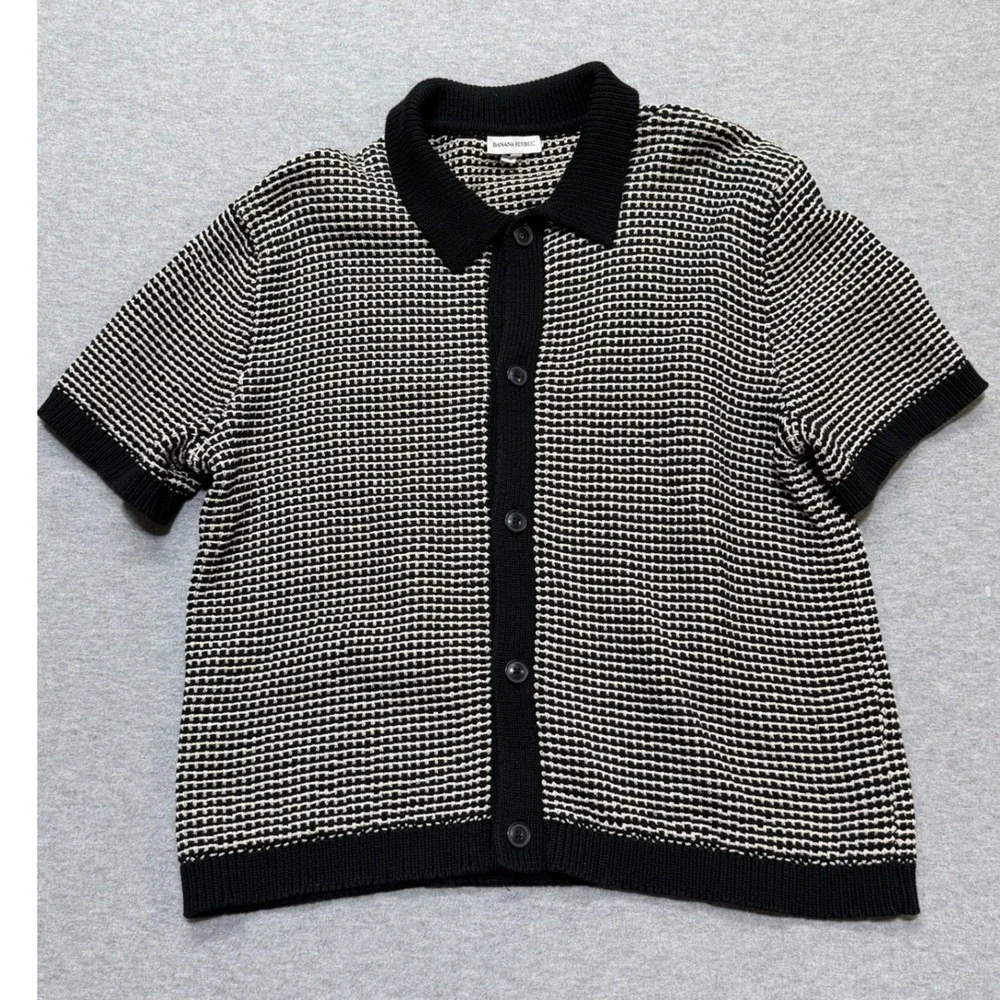 Banana Republic Mens XL Black White Resort Waffle Knit Button Front Polo Shirt
